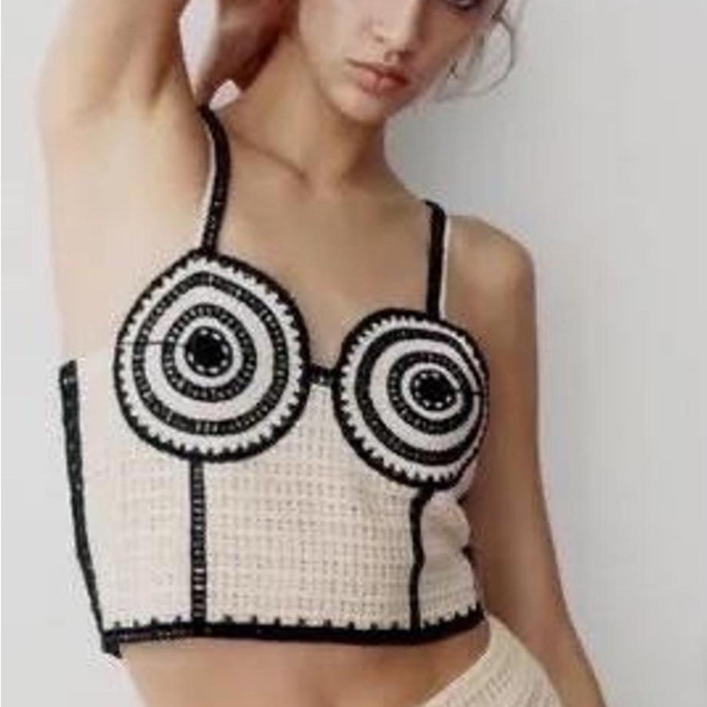 Zara Black and Cream Crochet Crop Top
